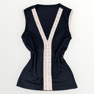 Y2K Baby Girl Crochet Sleeveless V-Neck Top Womens Girly Doll Black Shirt Cute
